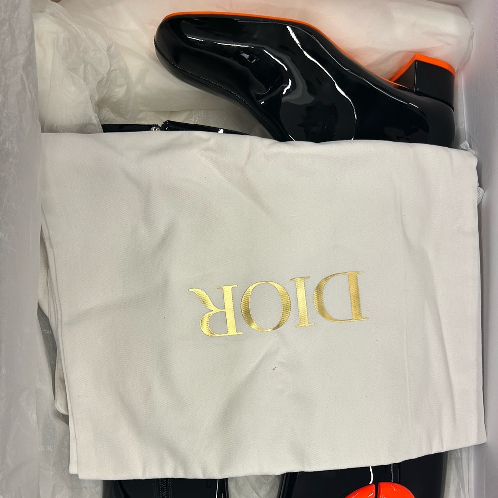Dior Patent Calfskin Idole Boots 37.5 Black Orange.